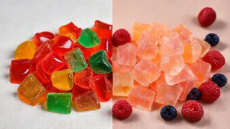 Comparativo visual mostrando variações da receita de goma de creatina, com uma opção vegana feita com agar-agar e frutas ao lado da versão tradicional.