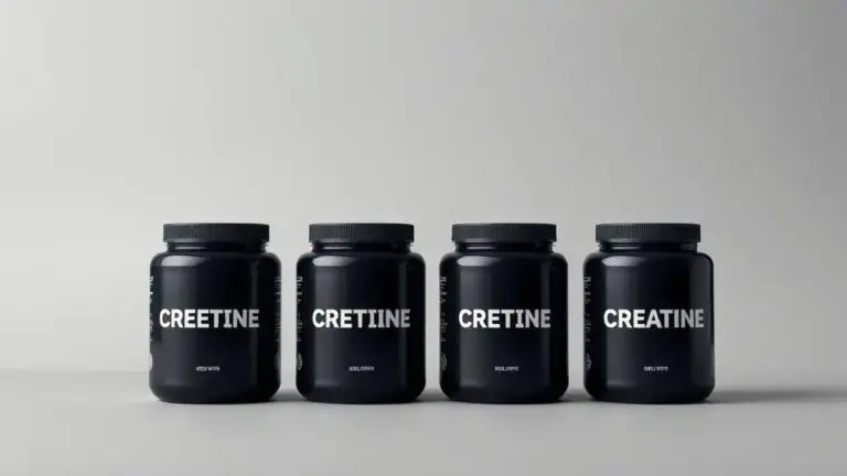 Análise comparativa das quatro versões da creatina Black Skull, mostrando quatro potes pretos de suplemento lado a lado em um fundo de estúdio.