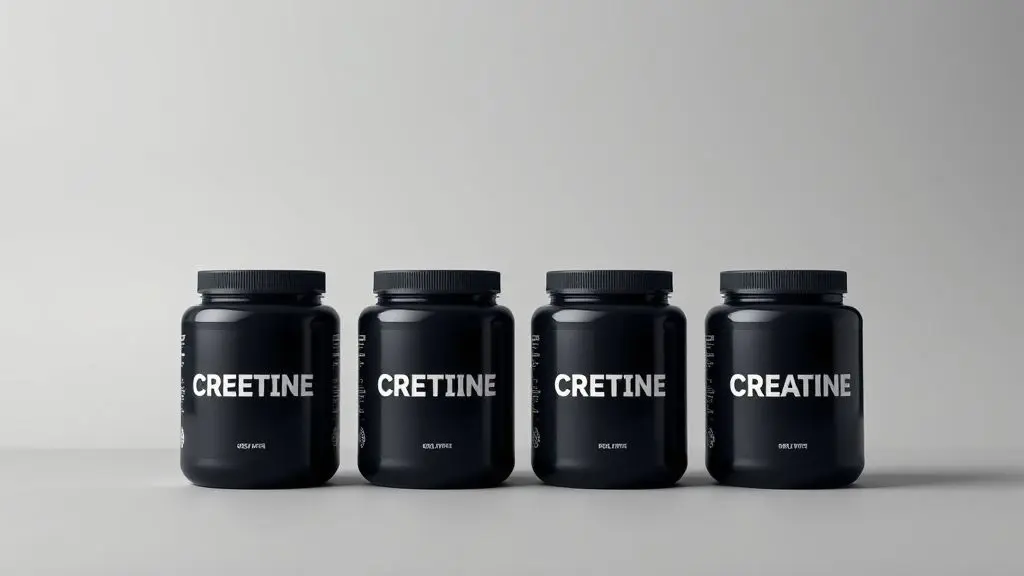 Análise comparativa das quatro versões da creatina Black Skull, mostrando quatro potes pretos de suplemento lado a lado em um fundo de estúdio.