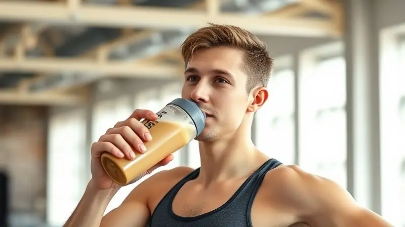 Pessoa preparando um shake de whey protein em uma coqueteleira após o treino, ilustrando o auxílio do suplemento na manutenção da massa muscular.