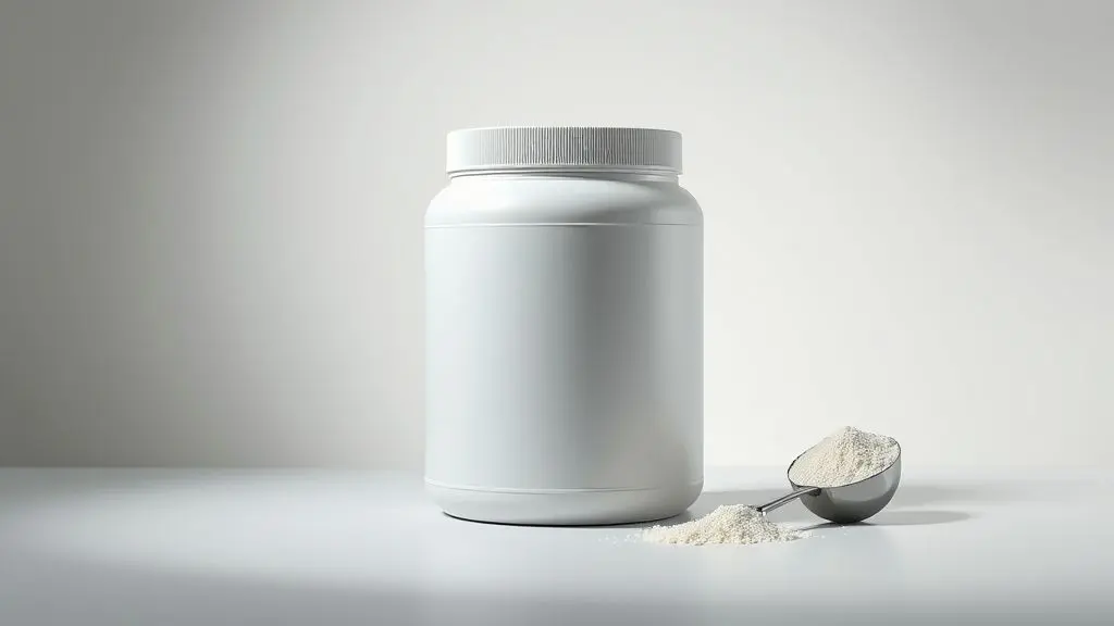 Pote de whey protein zero lactose sem marca em um fundo de estúdio profissional, destacando a qualidade do suplemento para intolerantes à lactose.