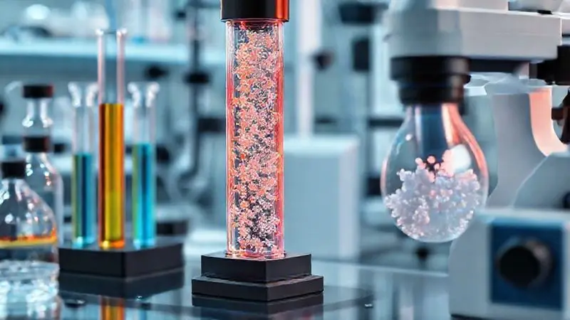 Equipamentos laboratoriais analisando pureza da creatina e separação de impurezas por cromatografia