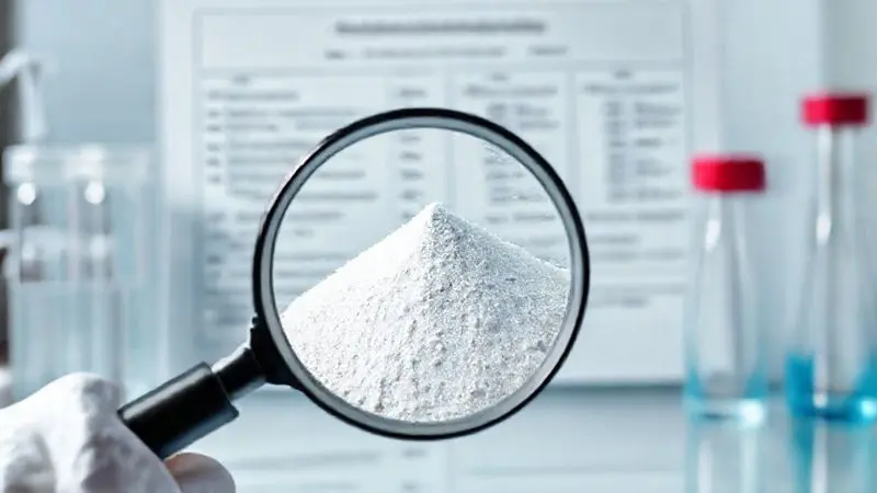 Conceito de análise laboratorial para testar pureza da creatina com inspeção de pó e relatórios de qualidade