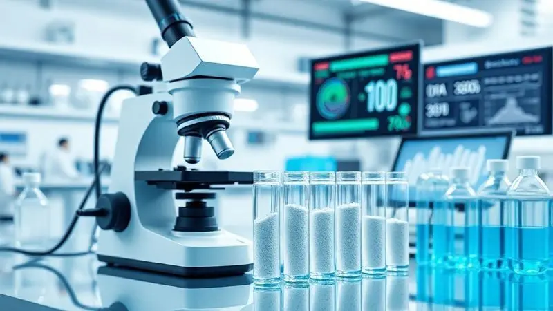 Cena de laboratório científico analisando creatina probiótica com equipamentos de teste de qualidade