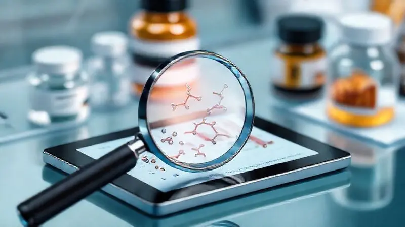 Processo analítico conceitual de avaliação de suplementos esportivos com estrutura molecular em destaque