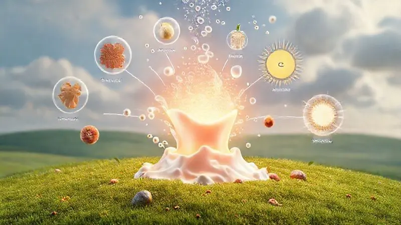 Ilustração conceitual dos múltiplos benefícios do colostro bovino para a saúde