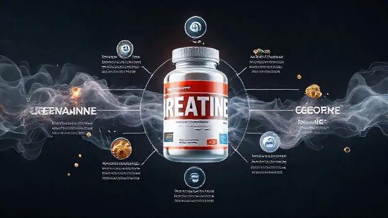 Ilustração conceitual dos múltiplos benefícios da suplementação com creatina para performance e recuperação