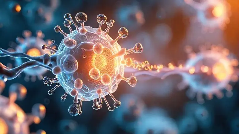 Ilustração conceitual de células musculares absorvendo moléculas de energia para representar os benefícios da creatina no desempenho físico