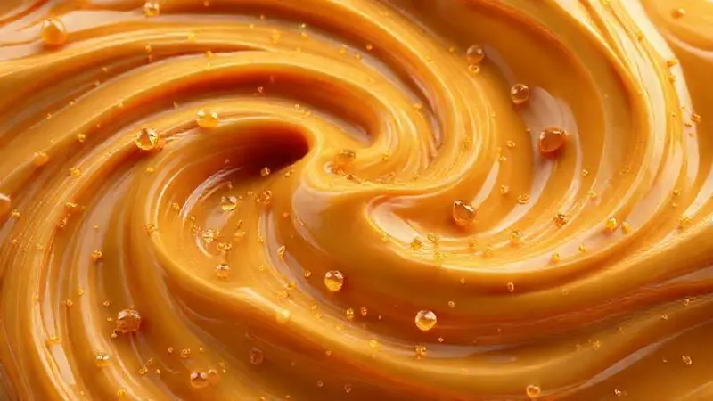 Representação artística de texturas de caramelo com partículas energéticas douradas ilustrando suplemento mastigável