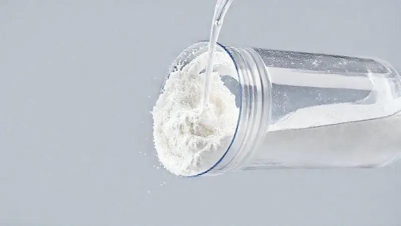 Ilustração 3D realista de creatina em pó sendo misturada com água em um shaker, preparação de suplemento