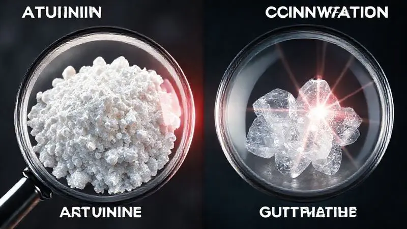 Comparação visual entre creatina autêntica e falsificada mostrando diferenças na textura e estrutura cristalina