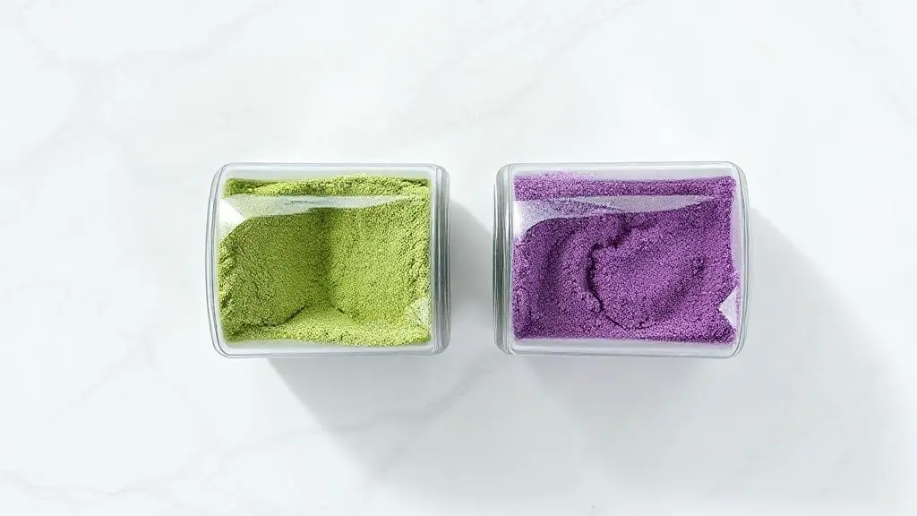 Comparação visual entre creatina verde e roxa da Growth em embalagens genéricas sobre mármore branco.