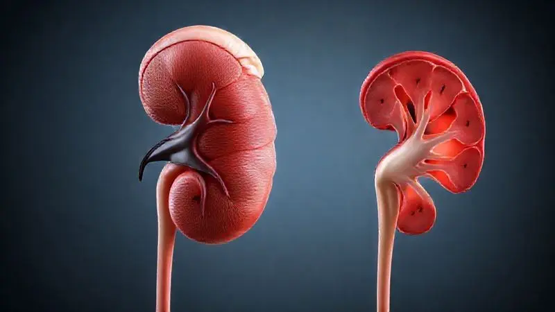 Comparação visual entre rim saudável e rim com doença renal crônica mostrando estruturas nefronais