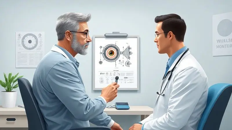 Ilustração conceitual de consulta médica para avaliação de pressão ocular antes de tomar creatina