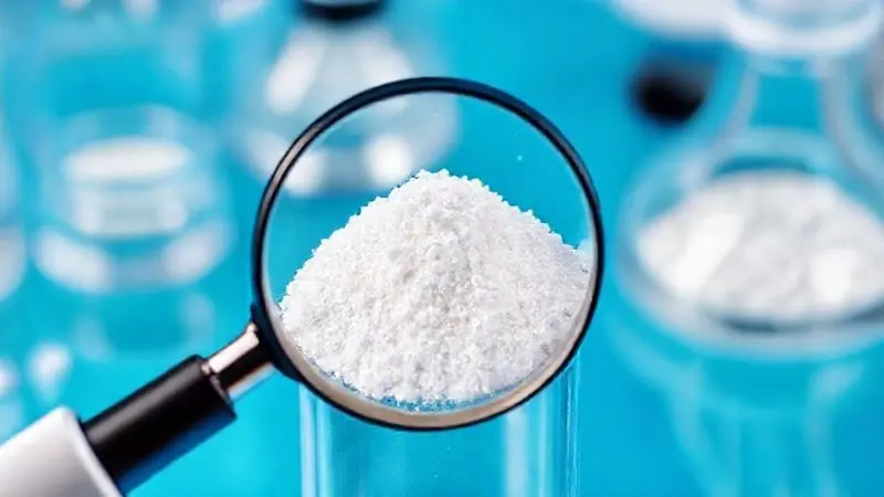 Conceito de controle de qualidade em laboratório analisando cristais puros de creatina com lupa em ilustração digital.