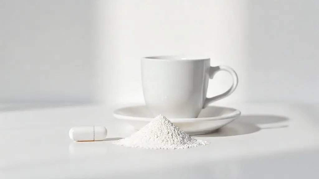 Cápsula de creatina e xícara de café em composição simétrica sobre superfície branca com iluminação suave