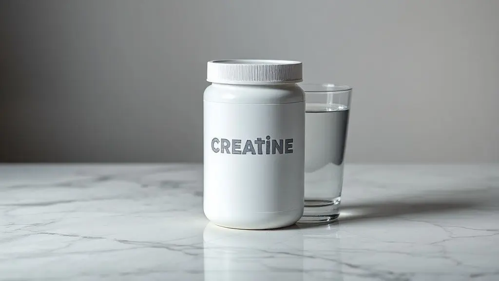 Creatina em pó ao lado de copo de água transparente sobre superfície de mármore