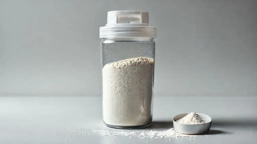 Creatina com sabor em pó em um pote transparente, com uma colher medidora ao lado sobre fundo minimalista