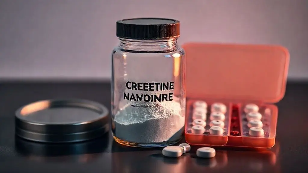 Suplemento de creatina em pó sem marca ao lado de anticoncepcionais hormonais em comprimidos, representando o tema do artigo