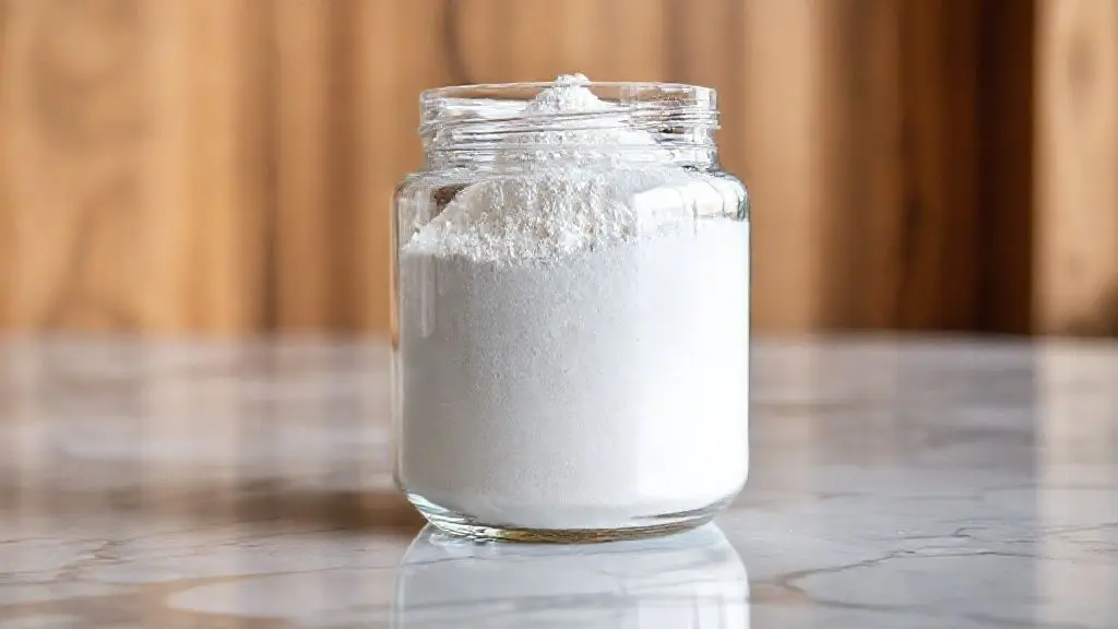 Suplemento de creatina em pó em frasco de vidro com fundo de academia em ambiente limpo e moderno para ilustração de artigo.