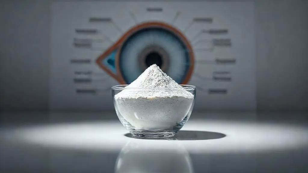 Creatina em pó e ilustração anatômica do olho mostrando conceitos de pressão ocular para artigo sobre glaucoma
