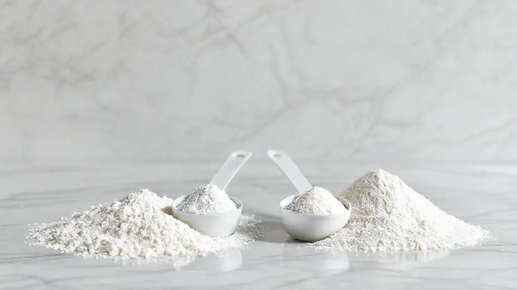 Pó de suplementos de creatina e glutamina sem marca em fundo minimalista com colheres doseadoras.