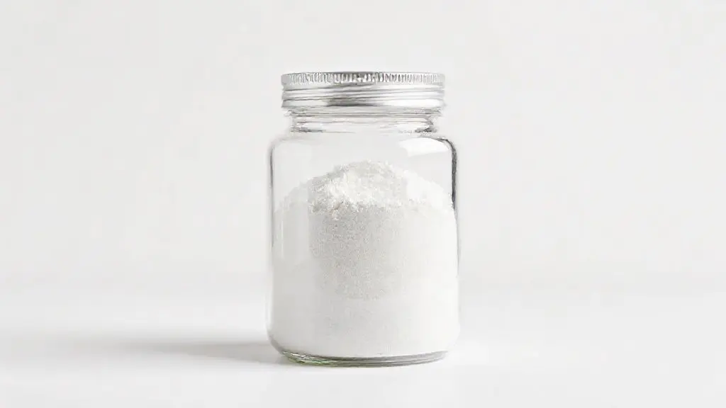 Suplemento de creatina monohidratada em pó dentro de um pote transparente com tampa metálica sobre fundo branco minimalista