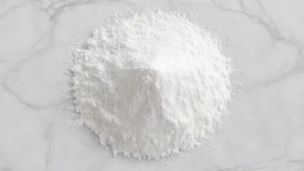 Creatina monohidratada pura em pó branco cristalino sobre fundo de mármore, mostrando textura fina e detalhes de produto sem marca