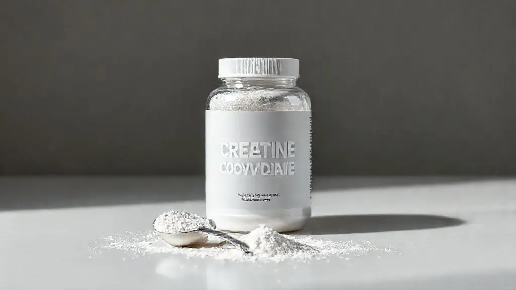 Frasco de creatina monohidratada branca em pó com colher dosadora sobre fundo limpo e minimalista