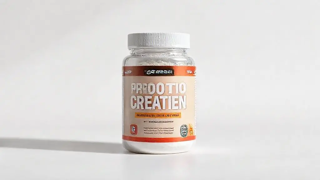 Suplemento de creatina probiótica em pó em um pote transparente com tampa, sobre fundo neutro