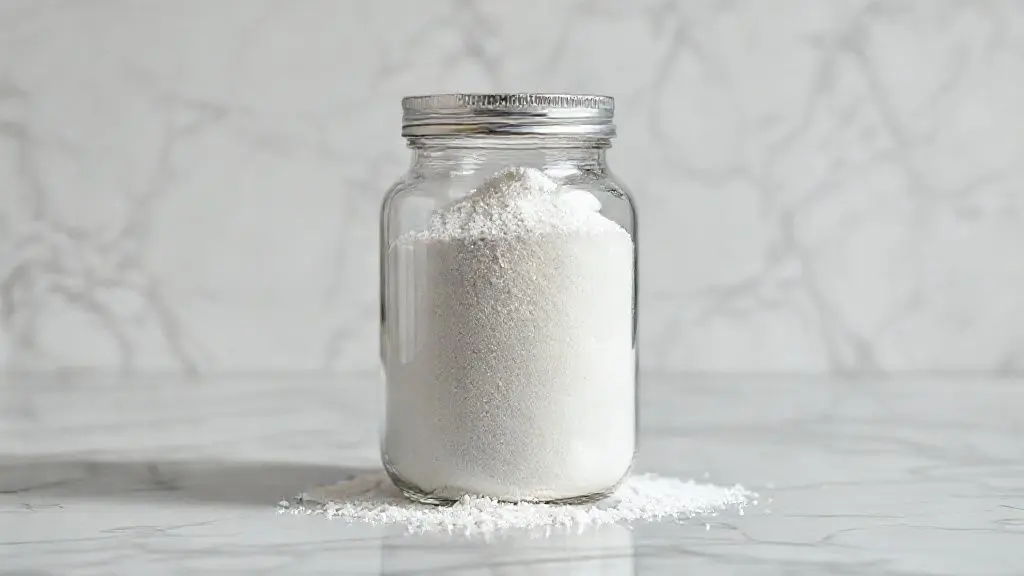 Suplemento de creatina pura em pó dentro de frasco transparente sobre mesa de mármore com iluminação profissional