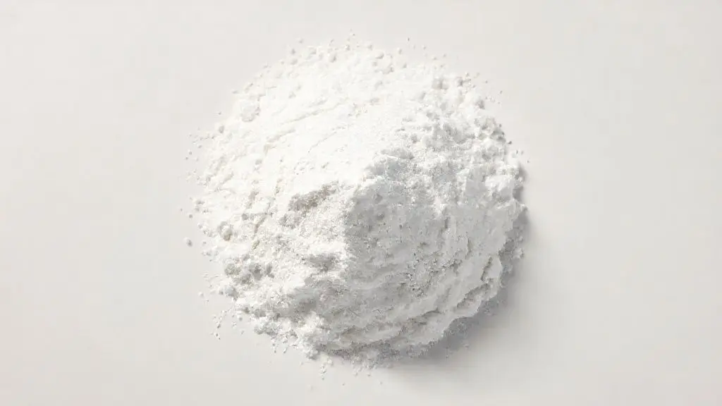 Suplemento de creatina monohidratada pura em pó branco sobre fundo minimalista, com iluminação de estúdio profissional