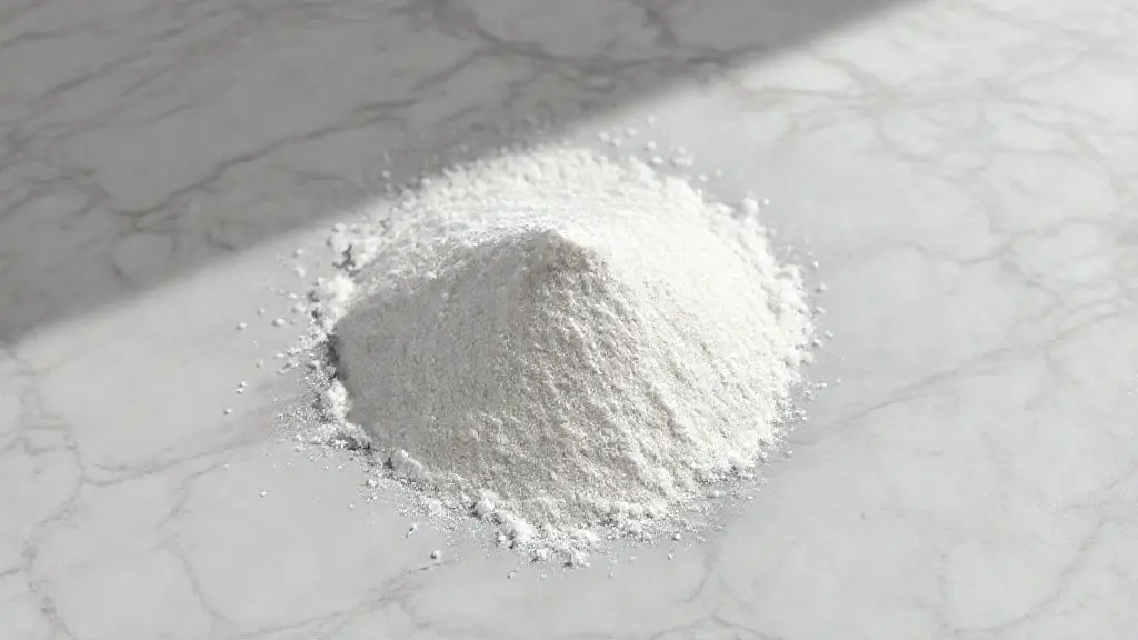 Pó de creatina monohidratada de alta pureza em foto profissional, destacando textura fina e brancura imaculada do suplemento