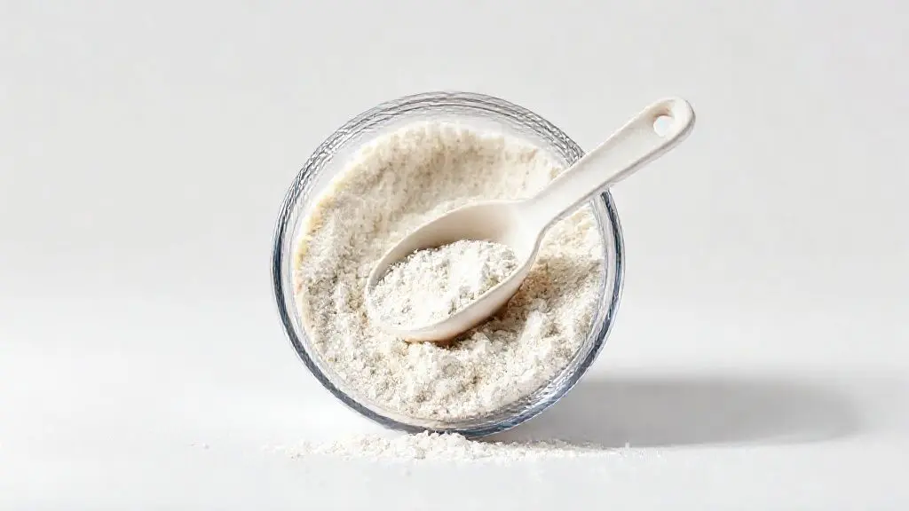 Suplemento de creatina em pó em pote transparente, fotografado em estúdio com iluminação profissional