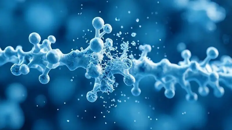 Conceito artístico de moléculas de creatina se degradando e perdendo eficácia com o tempo