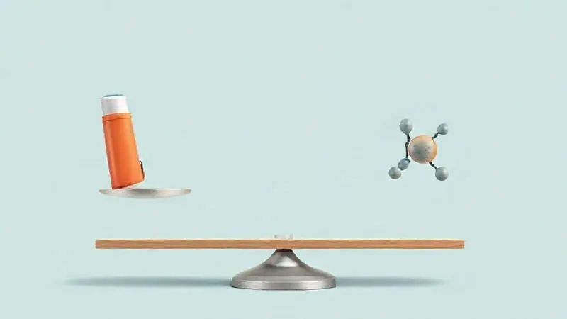 Ilustração conceitual de balança decisória para pacientes com asma considerando suplementação com creatina