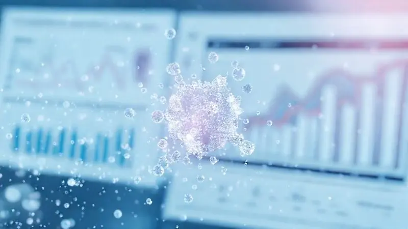 Ilustração digital de documentação médica com partículas cristalinas sobreposta, representando casos documentados.