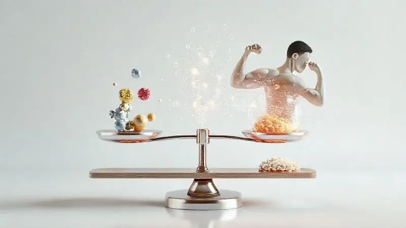 Cena conceitual de balança metabólica ilustrando o equilíbrio entre creatina com carboidratos e resultados.