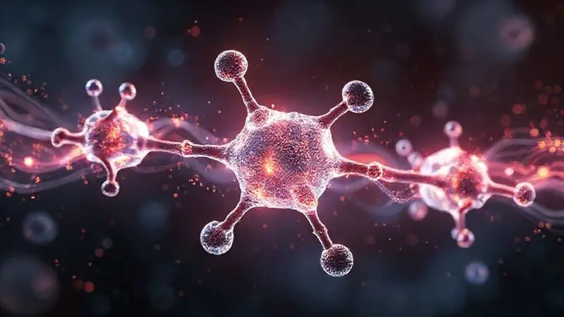Estrutura molecular da creatina monohidratada com representação visual abstrata de partículas energéticas
