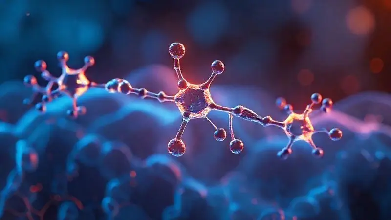 Ilustração científica mostrando estrutura molecular da creatina e sua relação com fibras musculares em visualização 3D.