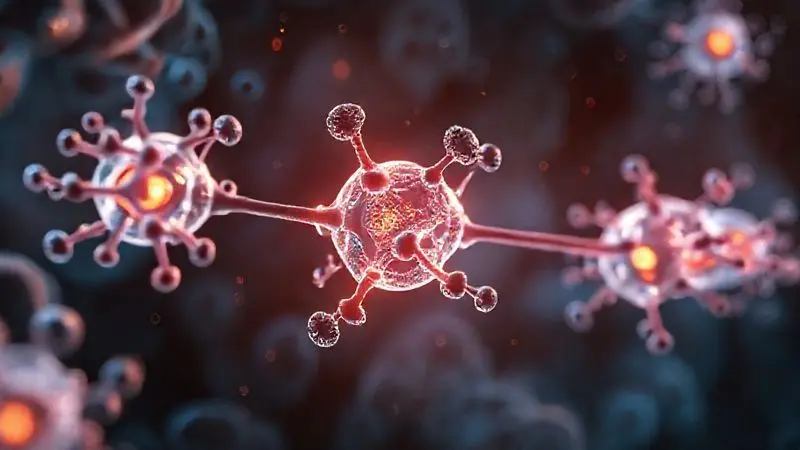 Representação artística 3D da estrutura molecular da creatina e transferência de energia ATP em células musculares.