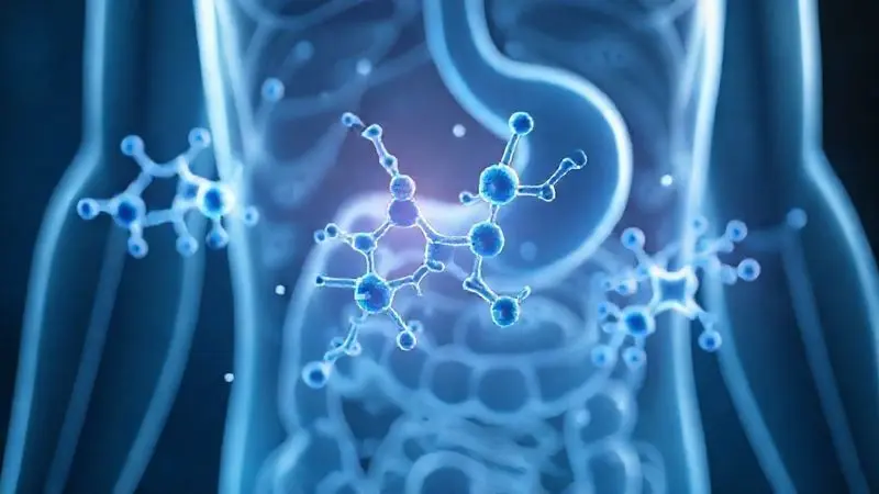 Ilustração conceitual de estruturas moleculares de glutamina flutuando no corpo humano