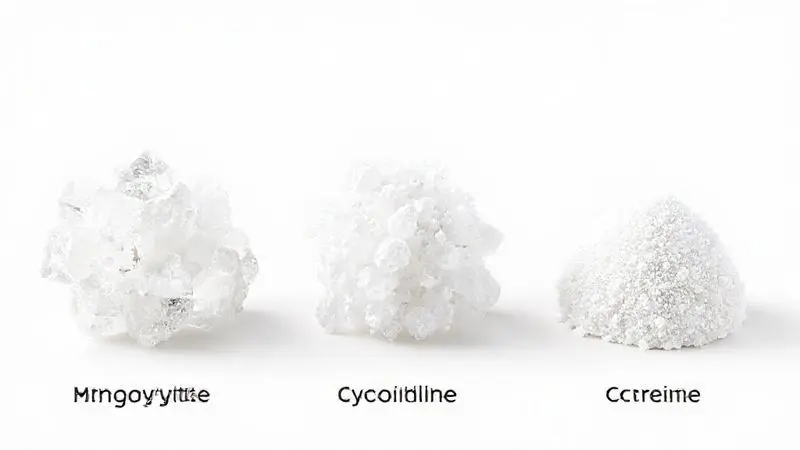 Comparação ilustrativa das estruturas cristalinas de diferentes tipos de creatina: monohidratada, HCL e micronizada
