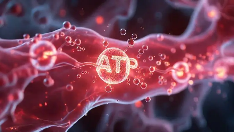 Ilustração conceitual do funcionamento da creatina nas células musculares, produção de energia ATP.