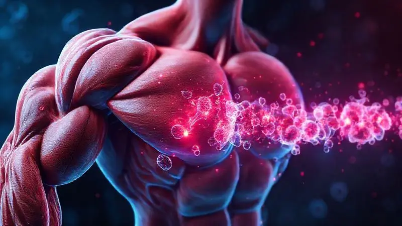 Conceito de hipertrofia muscular e crescimento das fibras através de suplementação esportiva.