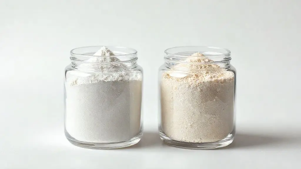 Suplementos de glutamina e creatina em potes de vidro transparente sobre fundo minimalista