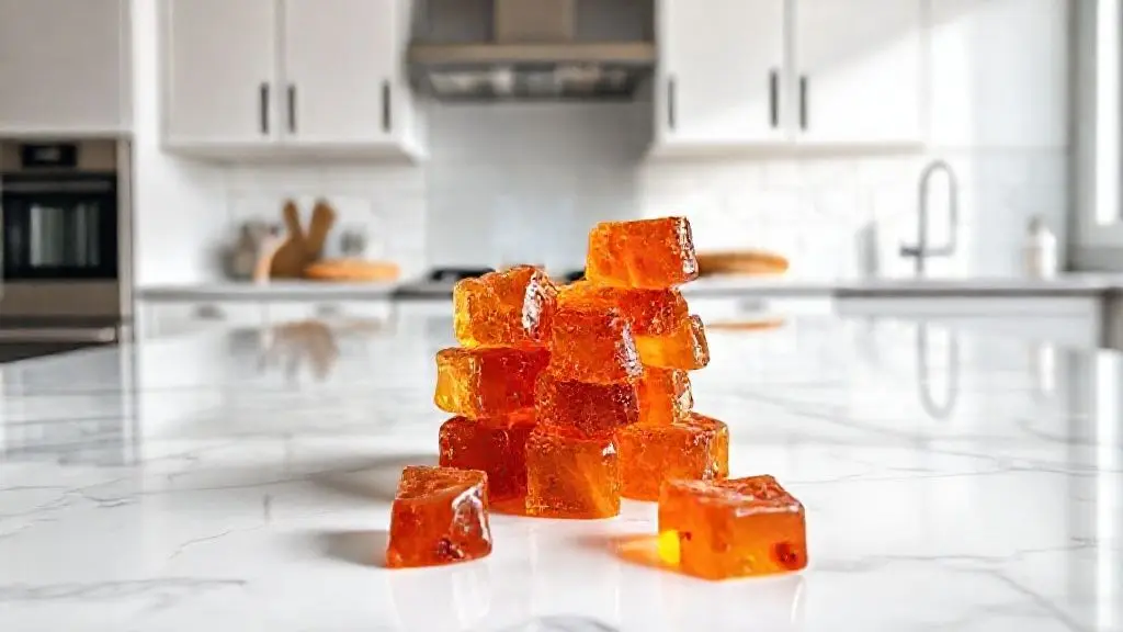 Gomas de creatina caseiras artesanais em um prato de cerâmica, com ingredientes naturais ao fundo em uma cozinha moderna.