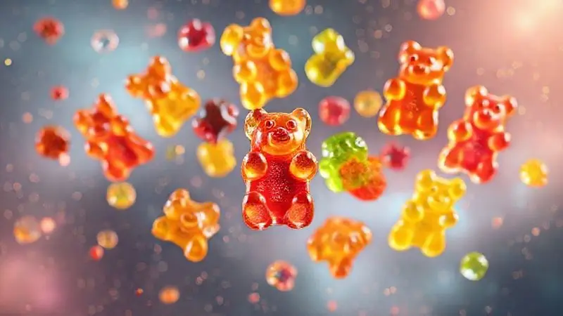 Ilustração conceitual 3D de gomas coloridas em formato de ursinho flutuando com partículas nutricionais luminosas