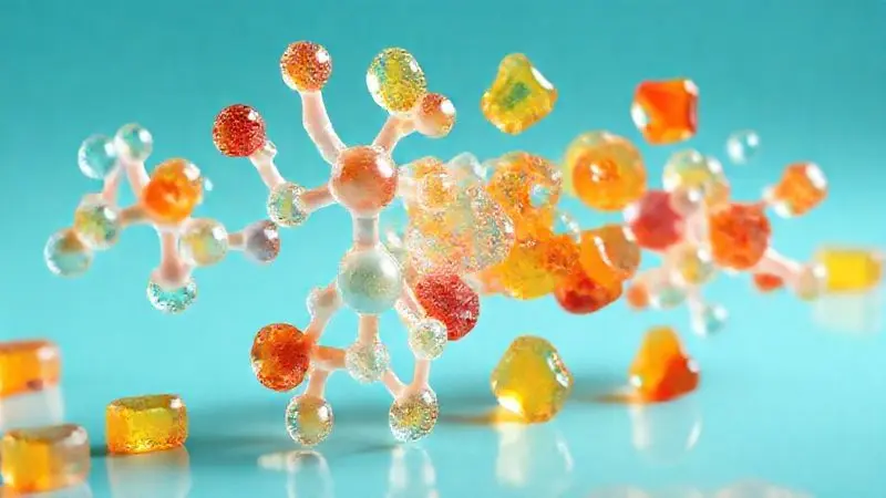 Conceito artístico de inovação em suplementos mostrando criatina transformando-se em formatos de gomas saborosas