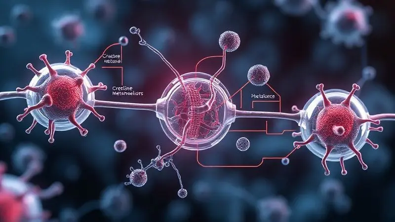 Ilustração conceitual de vias bioquímicas mostrando metabolismo da creatina interagindo com células nervosas e equilíbrio de fluidos